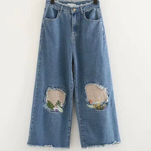 AAleeby Picnic Jeans SMALL - Japanese Kawaii Gingham Patchwork & Embroidery